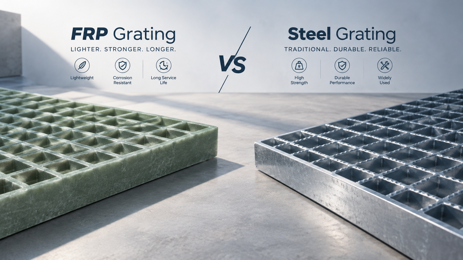 DGRID FRP grating used as the visual reference for an FRP and steel grating comparison